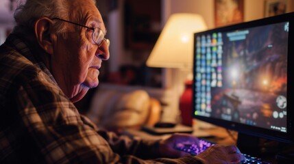 A bespectacled man sits indoors, his face illuminated by the glowing computer monitor, surrounded by walls adorned with various electronic devices and screens, engrossed in the multimedia world befor - obrazy, fototapety, plakaty