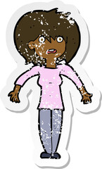 retro distressed sticker of a cartoon woman shrugging shoulders
