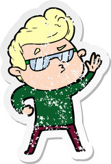 distressed sticker of a cartoon cool guy