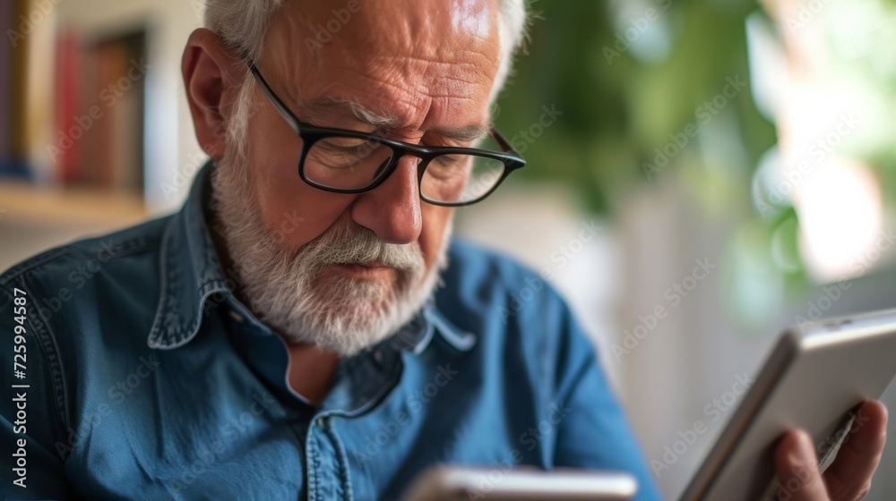 Aufkleber a focused man intently checks his phone while surrounded by the trappings of modern technology and f