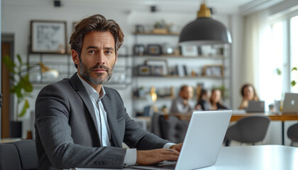 Fototapeta premium A man in a suit, sitting at a desk on his laptop having a video call with a team. generative ai