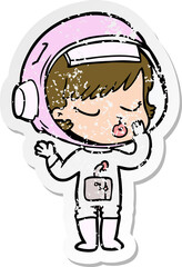 distressed sticker of a cartoon pretty astronaut girl
