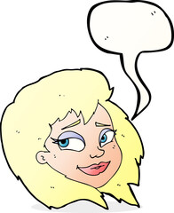 cartoon happy female face with speech bubble