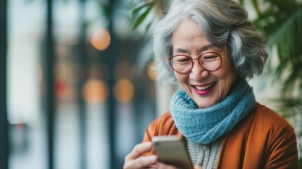 A stylish lady exudes joy while chatting on her phone, her glasses and scarf adding a touch of elegance to her outdoor portrait
