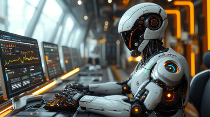 An AI robot sitting on a futuristic desk looking at his computer screen ,generative ai