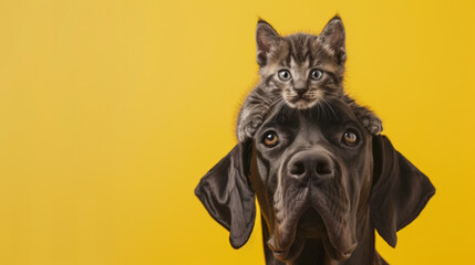 Great Dane holds a baby cat on his head. Pastel yellow background. Cat and dog together, animal friendship, taking care. Space for text.
