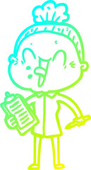 cold gradient line drawing cartoon happy old woman