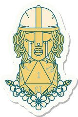 crying orc fighter character with natural one D20 roll sticker