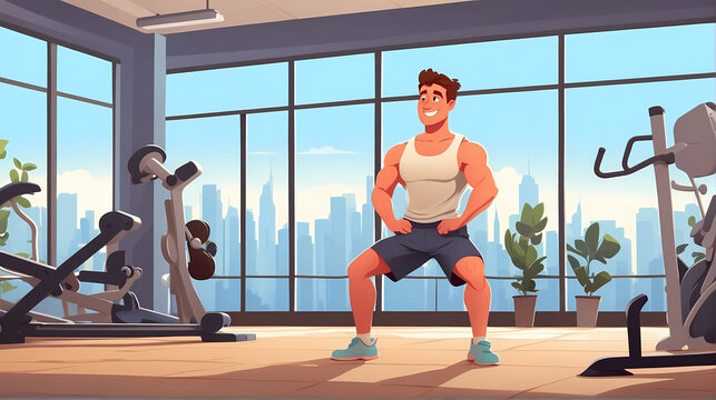 Active man doing exercise at home or gym. flat illustration. Flexible male practicing stretching or aerobics. Guy in sportswear enjoying sports training or workout