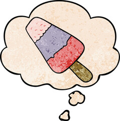 cartoon ice lolly and thought bubble in grunge texture pattern style