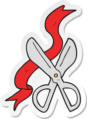 sticker of a cartoon scissors cutting ribbon