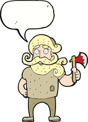 cartoon lumberjack with axe with speech bubble