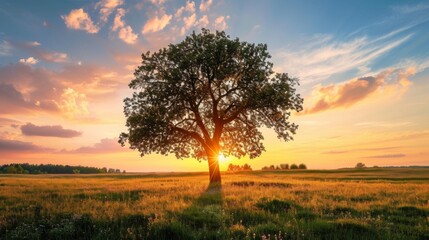 Beautiful tall tree in a field with an amazing sunset generative ai - obrazy, fototapety, plakaty