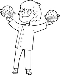 black and white cartoon chef with burgers