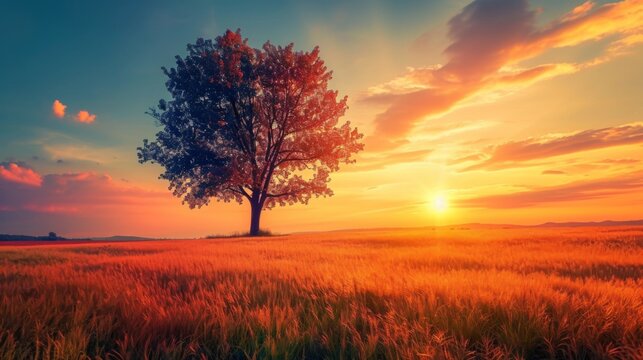 Beautiful tall tree in a field with an amazing sunset generative ai