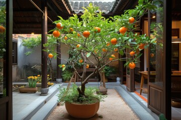 Obraz premium decorated tangerine tree in the courtyard of an asian house. Chinese courtyard, Vietnamese house. Thailand. Tet. Symbol of wealth. Asian culture. Holiday. Kumquart. Citrus
