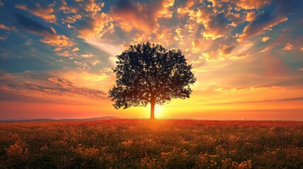 Beautiful tall tree in a field with an amazing sunset generative ai - obrazy, fototapety, plakaty