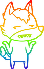 rainbow gradient line drawing cartoon wolf showing teeth