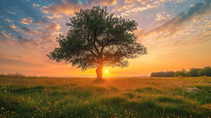 Beautiful tall tree in a field with an amazing sunset generative ai - obrazy, fototapety, plakaty