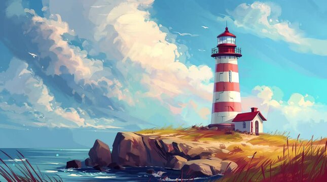 Red and white striped lighthouse on sand dunes of island   Seamless looping 4k time-lapse virtual video animation background. Generated AI	