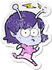 distressed sticker of a cartoon alien girl