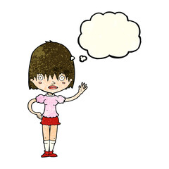 cartoon waving woman with thought bubble