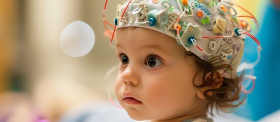 A toddler with 24/7 EEG electrodes attached - obrazy, fototapety, plakaty