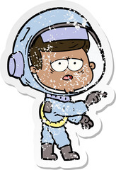 distressed sticker of a cartoon tired astronaut