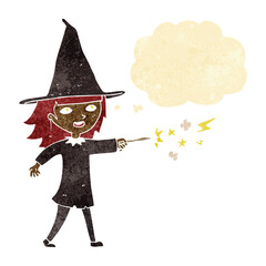 cartoon witch girl casting spell with thought bubble
