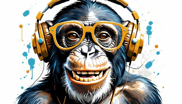 Funky cartoon chimpanzee monkey with earphones blue glasses and smiling listening music with a vintage retro styling on white background isolated created with generative ai