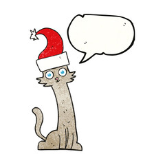 speech bubble textured cartoon cat in christmas hat