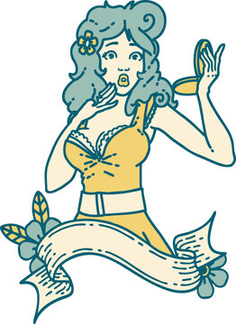 tattoo style icon  of a pinup surprised girl with banner