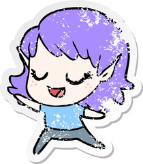 distressed sticker of a carton happy elf girl dancing