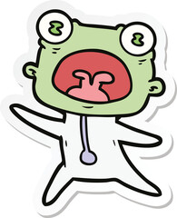 sticker of a cartoon weird alien running away