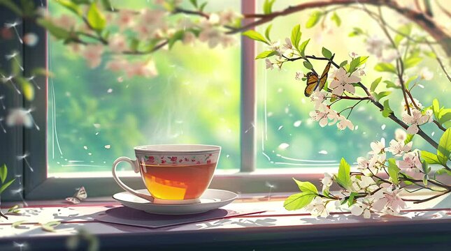 Warm coffee by the window with a view of beautiful spring landscape  Seamless looping 4k time-lapse virtual video animation background. Generated AI	