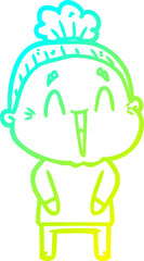 cold gradient line drawing cartoon happy old lady