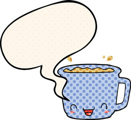 cartoon cup of coffee and speech bubble in comic book style