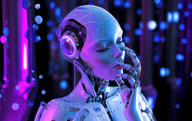 Fototapeta premium female android with a contemplative expression, her eyes closed and one hand propping up her head while the other is near her mouth