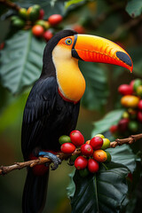 Obraz premium Vibrant Toucan Amidst the Coffee Harvest - AI Generative