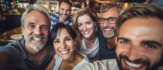 group of friends enjoying a pleasant moment in a restaurant taking a selfie