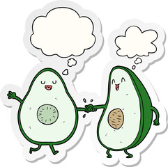 cartoon dancing avocados and thought bubble as a printed sticker