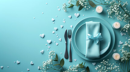 Elegant Table Setting in Serene Blues with Copy Space. AI Generative.