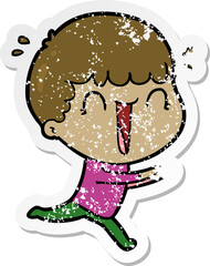 distressed sticker of a laughing cartoon man running