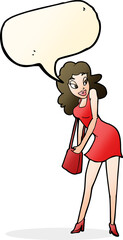 cartoon woman looking in handbag with speech bubble