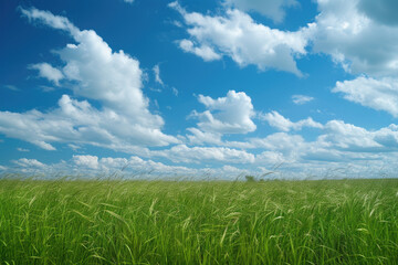 Obraz premium Vibrant Green Wheat Field with Dynamic Sky - Sunny Day Landscape, Fluffy Cumulus Clouds, and Sun Rays