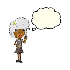 cartoon woman waving with thought bubble