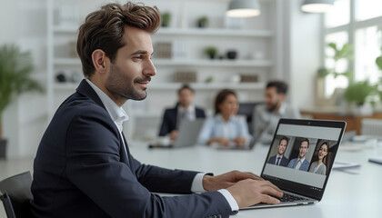 A man in a suit, sitting at a desk on his laptop having a video call with a team. generative ai