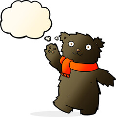 cartoon teddy bear wearing scarf with thought bubble