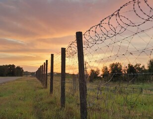 Barbed wire fence against a sunset background. To illustrate articles and materials related to...