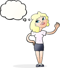 cartoon woman waving  with thought bubble